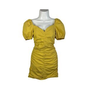 Willow Limoncello Yellow Seersucker Ruched Mini Dress Puff Sleeve Small Coquette
